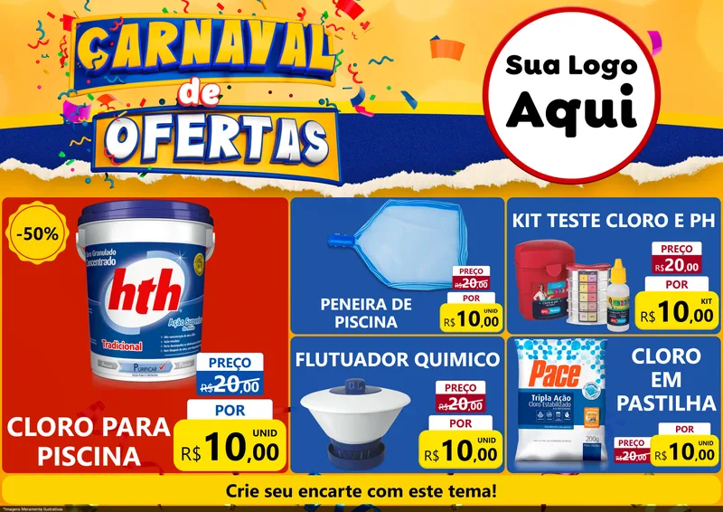 Modelo de Encarte para Encarte A4 Horizontal com o tema Carnaval de Ofertas para Produtos para Piscina
