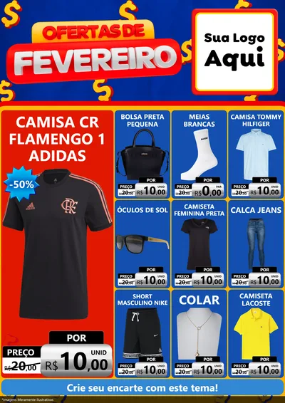 Modelo de Encarte para Encarte A4 Vertical com o tema Ofertas de Fevereiro para Roupas e acessórios