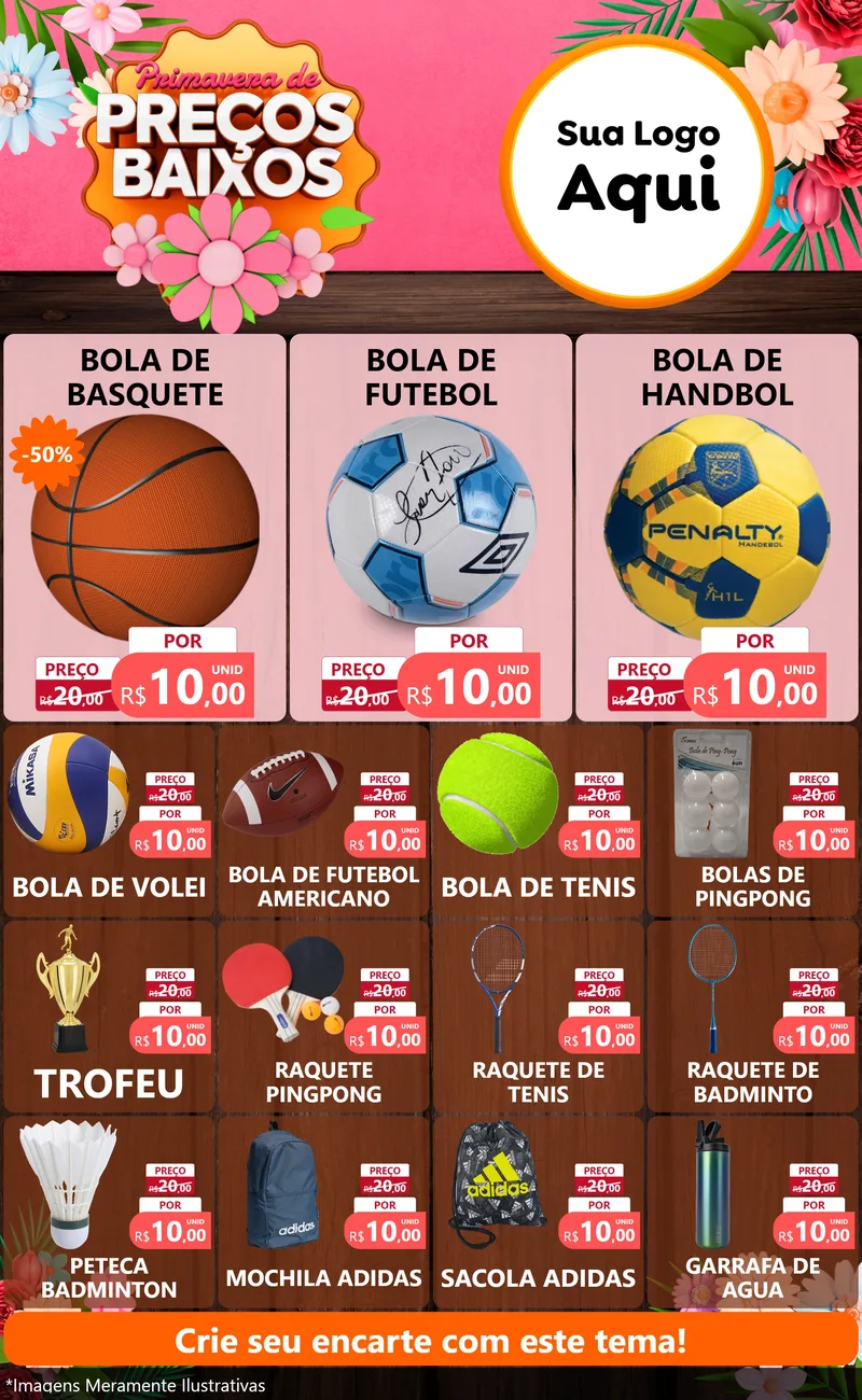 Modelo de Encarte para Encarte Grande com o tema Primavera de Preços Baixos para Artigos Esportivos