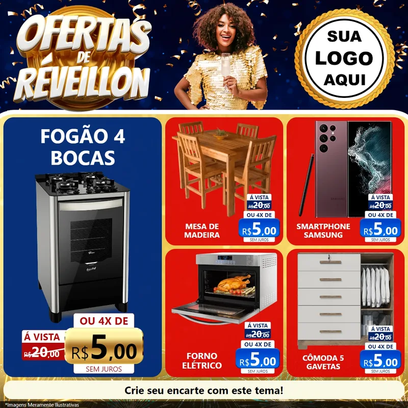Modelo de Rede Social para Feed Facebook com o tema Ofertas de Réveillon para Móveis e Eletro