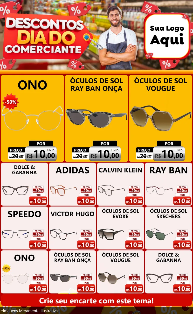 Modelo de Encarte para Encarte Grande com o tema Descontos Dia do Comerciante para Óticas