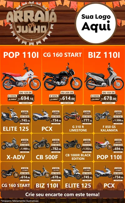 Modelo de Encarte para Encarte Grande com o tema Arraiá de Julho - Junina para Concessionaria de Motos