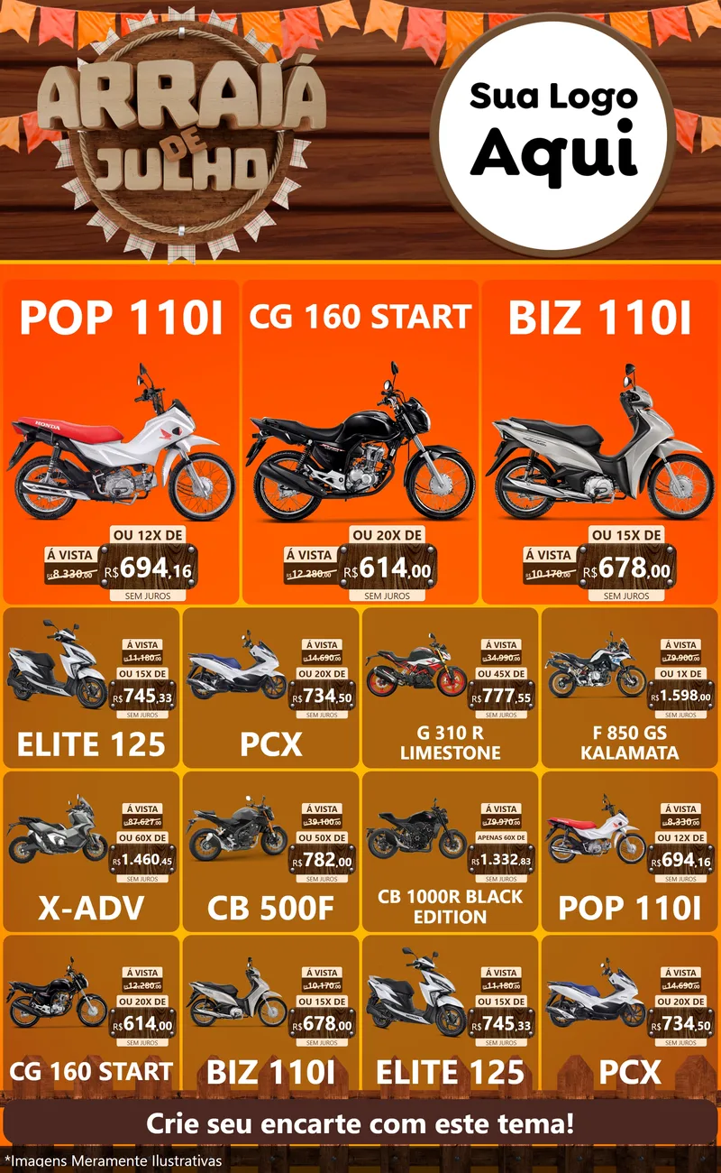 Modelo de Encarte para Encarte Grande com o tema Arraiá de Julho - Junina para Concessionaria de Motos