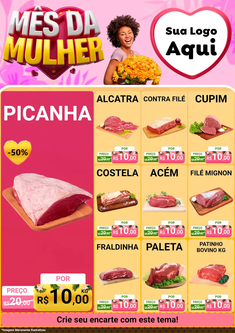 Modelo de Encarte para Encarte A4 Vertical com o tema Mês da Mulher para Açougue