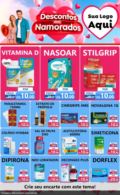 Modelo de Encarte para Encarte Grande com o tema Descontos dos Namorados para Farmácia