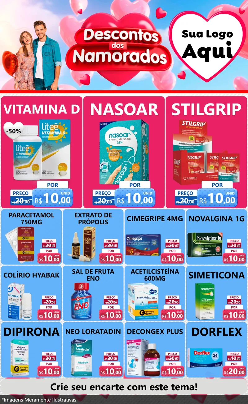 Modelo de Encarte para Encarte Grande com o tema Descontos dos Namorados para Farmácia