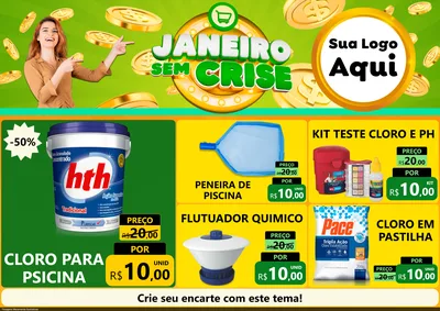 Modelo de Encarte para Encarte A4 Horizontal com o tema Janeiro Sem Crise para Produtos para Piscina