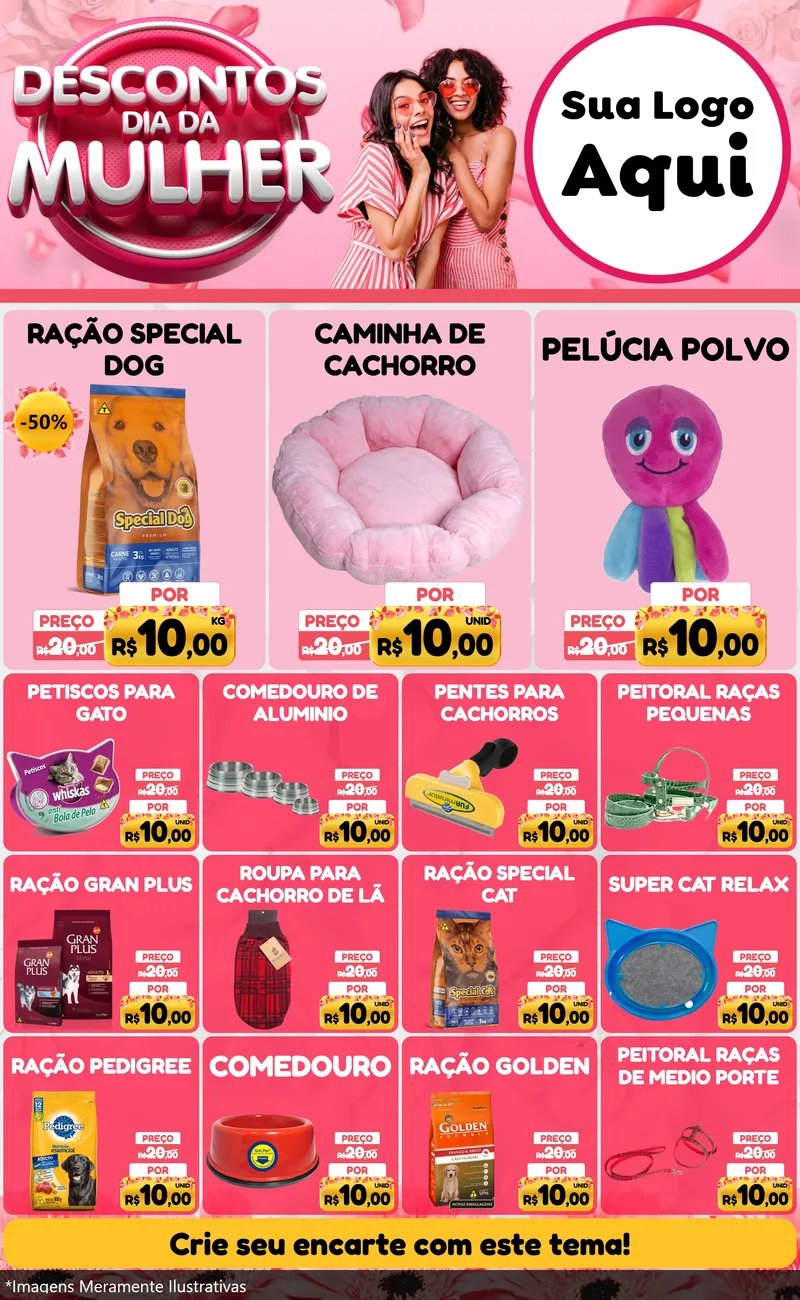 Modelo de Encarte para Encarte Grande com o tema Descontos Dia da Mulher para Pet Shop