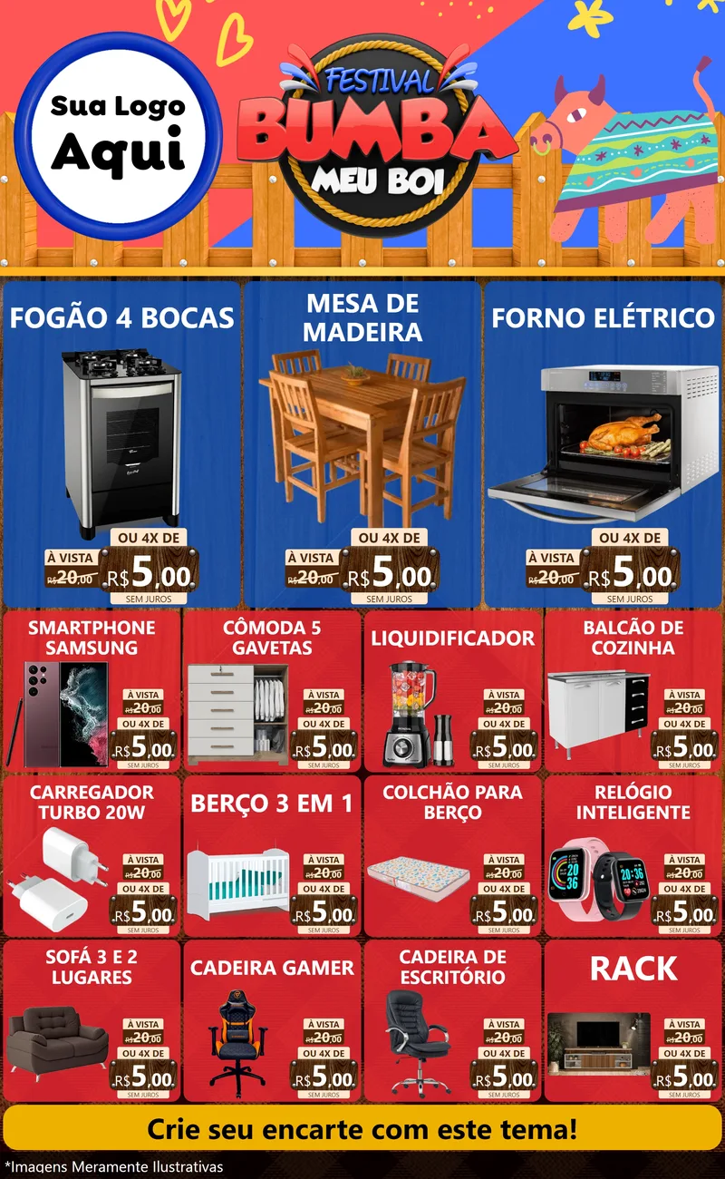 Modelo de Encarte para Encarte Grande com o tema Festival Bumba Meu Boi para Móveis e Eletro