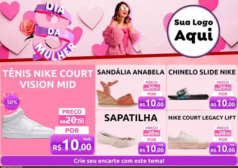 Modelo de Encarte para Encarte A4 Horizontal com o tema Dia da Mulher para Calçados