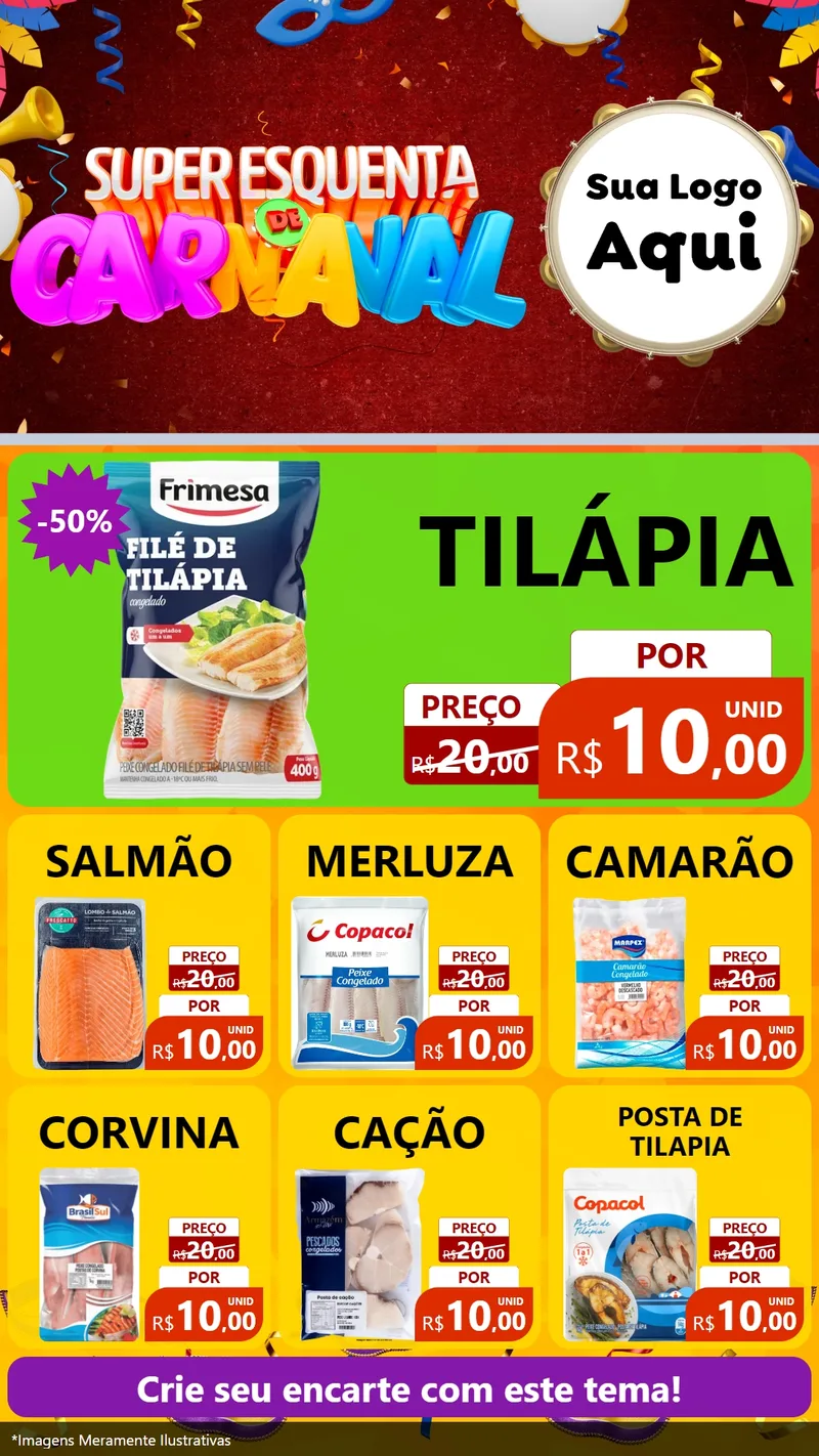 Modelo de Rede Social para Stories com o tema Super Esquenta de Carnaval para Peixaria