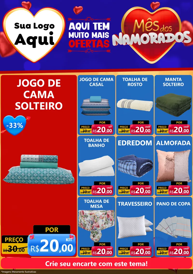 Modelo de Encarte para Encarte A4 Vertical com o tema Mês dos Namorados para Cama, Mesa e Banho