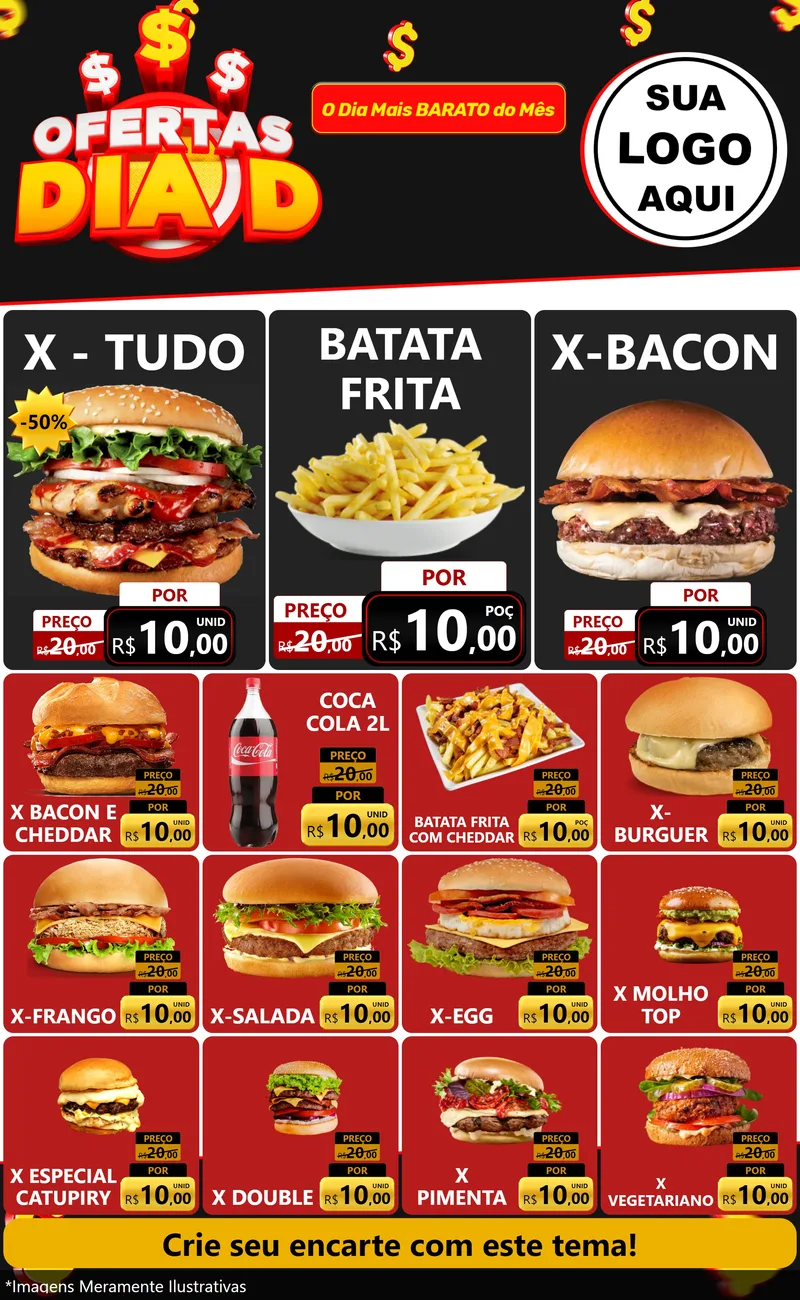 Modelo de Encarte para Encarte Grande com o tema Ofertas Dia D para Hamburgueria