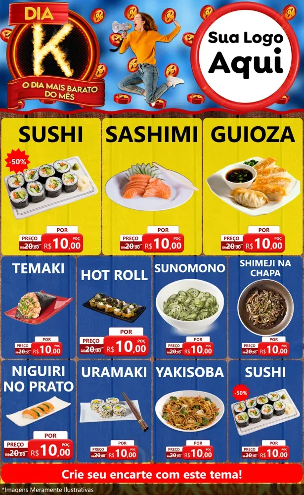 Modelo de Encarte para Encarte Grande com o tema Dia K - O Dia Mais Barato Do Mês para Comida japonesa