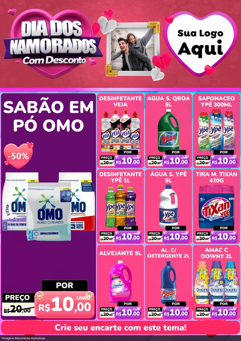 Modelo de Encarte para Encarte A4 Vertical com o tema Dia Dos Namorados Com Desconto para Produtos de Limpeza