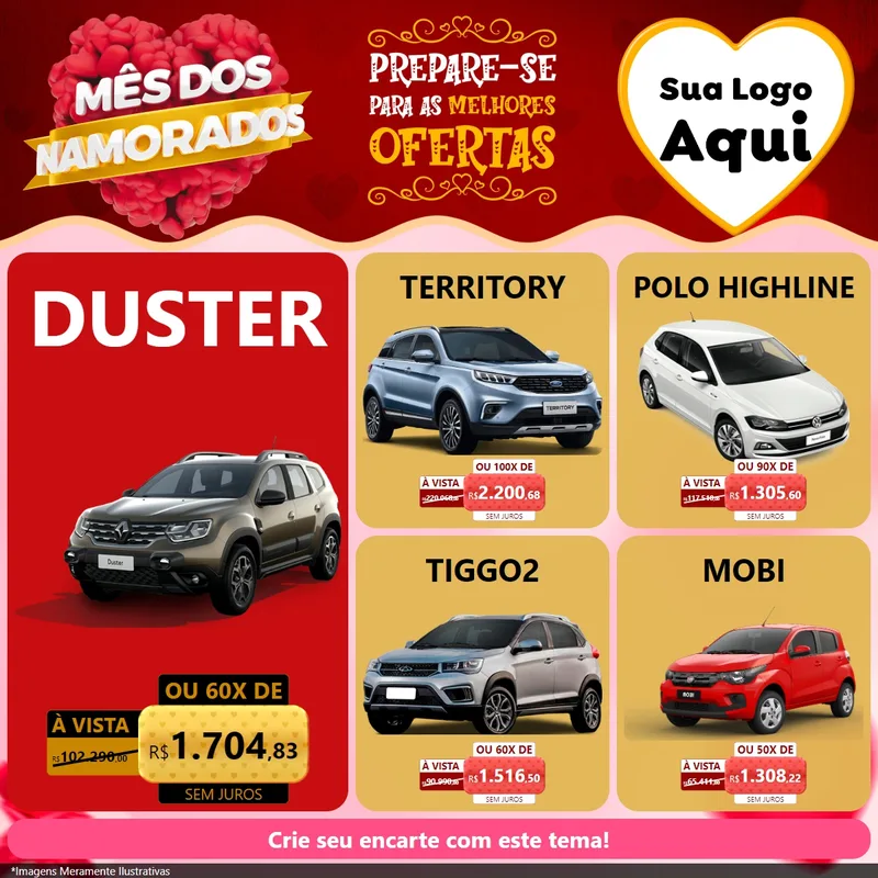 Modelo de Rede Social para Feed Facebook com o tema Mês dos Namorados para Concessionaria de Carros