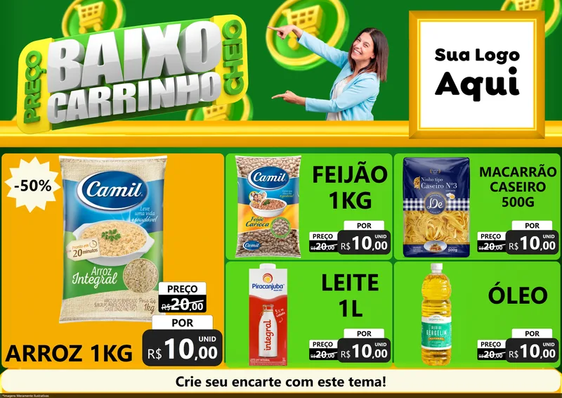 Modelo de Encarte para Encarte A4 Horizontal com o tema Preço Baixo Carrinho Cheio para Supermercado