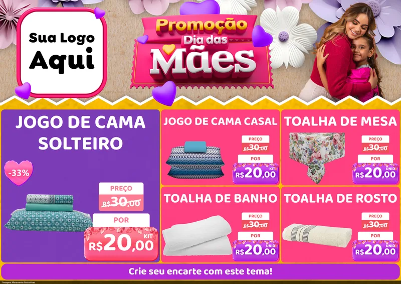 Modelo de Encarte para Encarte A4 Horizontal com o tema Promoção Dia das Mães para Cama, Mesa e Banho