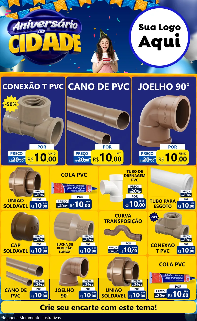 Modelo de Encarte para Encarte Grande com o tema Aniversário da Cidade para Tubos e conexões