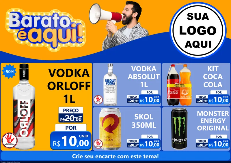 Modelo de Encarte para Encarte A4 Horizontal com o tema Barato é aqui para Distribuidora de bebidas