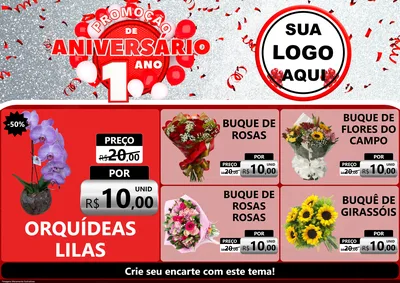 Modelo de Encarte para Encarte A4 Horizontal com o tema Promoção de Aniversário - 1 Ano para Floricultura e jardim