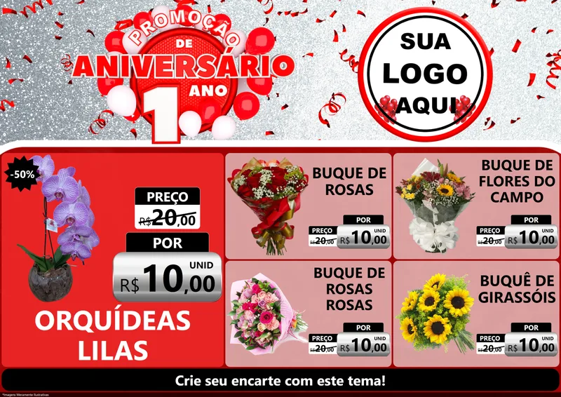 Modelo de Encarte para Encarte A4 Horizontal com o tema Promoção de Aniversário - 1 Ano para Floricultura e jardim