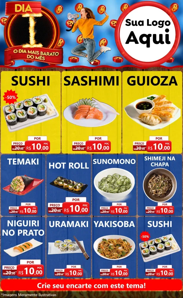 Modelo de Encarte para Encarte Grande com o tema Dia I - O Dia Mais Barato Do Mês para Comida japonesa