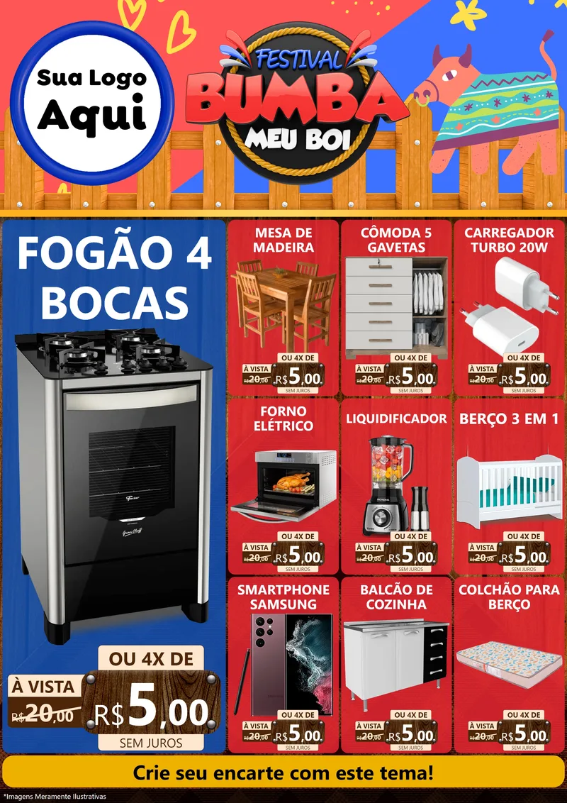 Modelo de Encarte para Encarte A4 Vertical com o tema Festival Bumba Meu Boi para Móveis e Eletro
