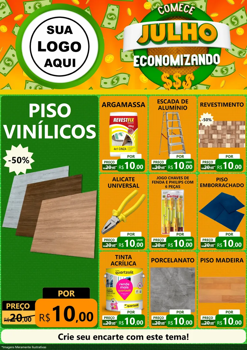 Modelo de Encarte para Encarte A4 Vertical com o tema Comece Julho Economizando para Material para Construção