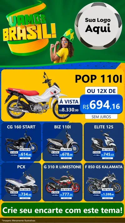Modelo de Rede Social para Stories com o tema Vamos Brasil - Copa para Concessionaria de Motos