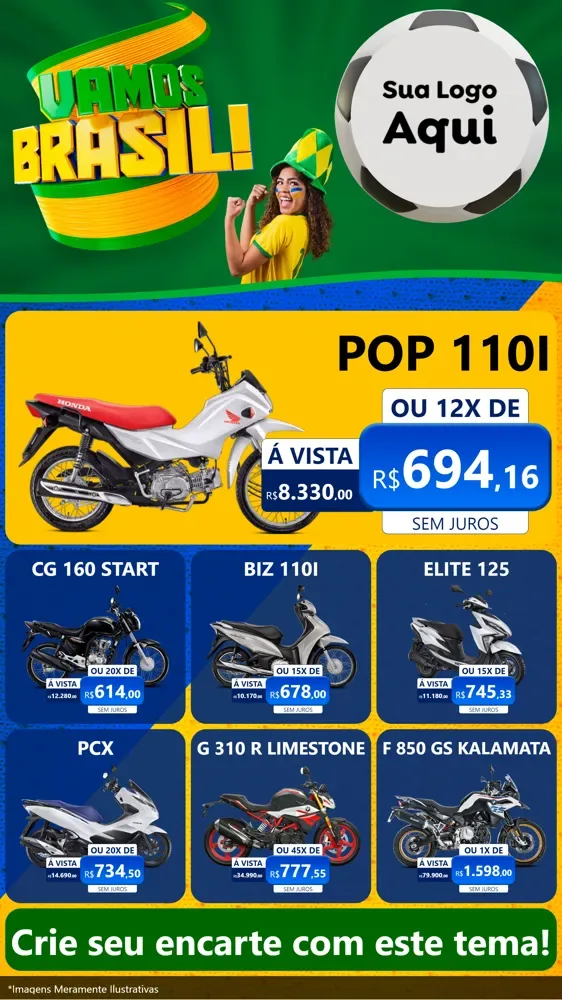 Modelo de Rede Social para Stories com o tema Vamos Brasil - Copa para Concessionaria de Motos