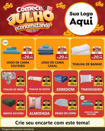 Modelo de Rede Social para Feed Instagram com o tema Comece Julho Economizando para Cama, Mesa e Banho