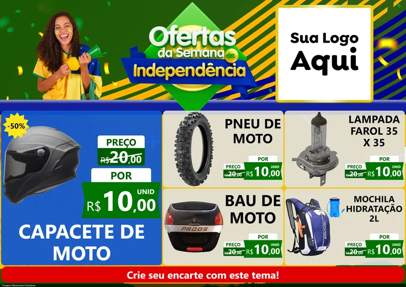 Modelo de Encarte para Encarte A4 Horizontal com o tema Ofertas da Semana da Independência para Moto peças
