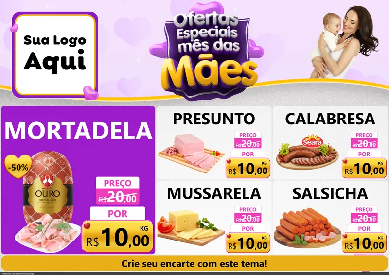 Modelo de Encarte para Encarte A4 Horizontal com o tema Ofertas Especiais - Mês das Mães para Frios e Laticínios