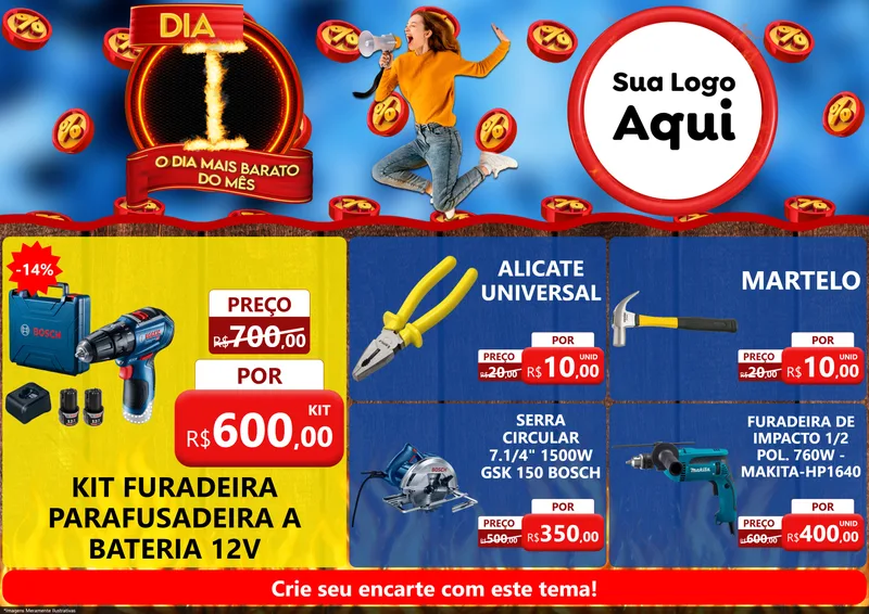 Modelo de Encarte para Encarte A4 Horizontal com o tema Dia I - O Dia Mais Barato Do Mês para Maquinas e Ferramentas