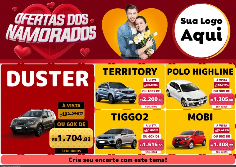 Modelo de Encarte para Encarte A4 Horizontal com o tema Ofertas Dos Namorados para Concessionaria de Carros