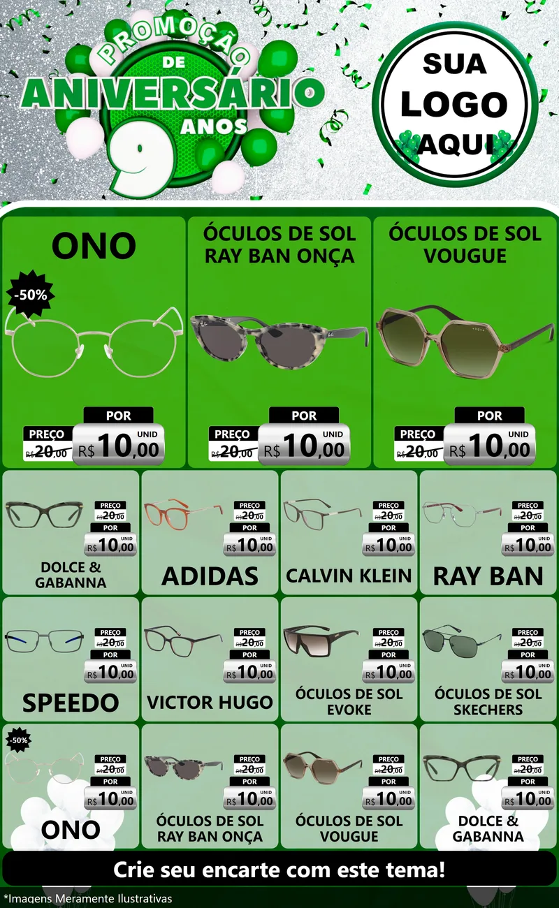 Modelo de Encarte para Encarte Grande com o tema Promoção de Aniversário - 9 Anos para Óticas