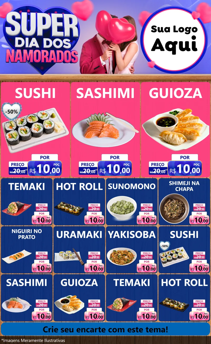 Modelo de Encarte para Encarte Grande com o tema Super Dia dos Namorados para Comida japonesa