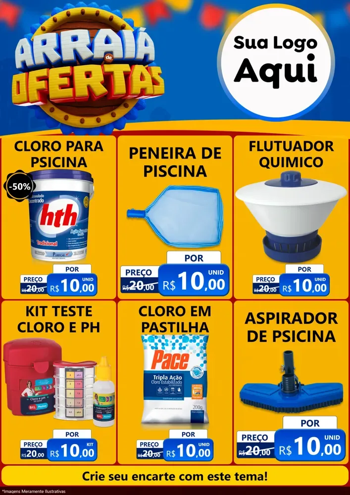 Modelo de Encarte para Encarte A4 Vertical com o tema Arraiá de Ofertas - Junina para Produtos para Piscina