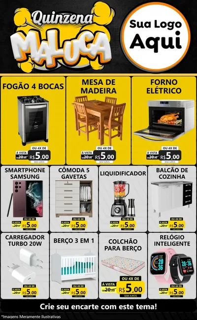 Modelo de Encarte para Encarte Grande com o tema Quinzena Maluca para Móveis e Eletro