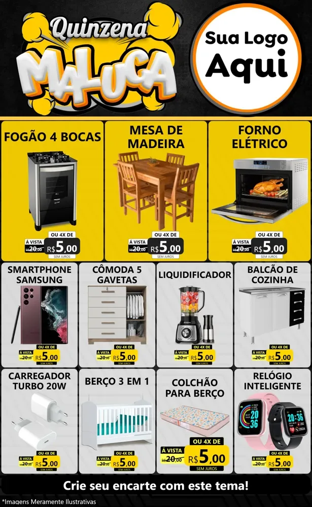 Modelo de Encarte para Encarte Grande com o tema Quinzena Maluca para Móveis e Eletro