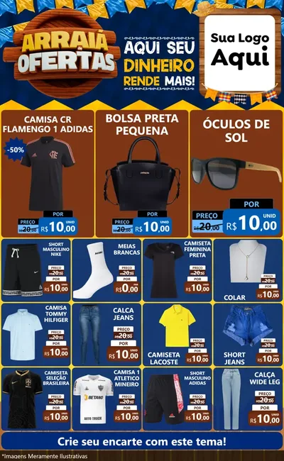 Modelo de Encarte para Encarte Grande com o tema Arraiá de Ofertas - Junina para Roupas e acessórios