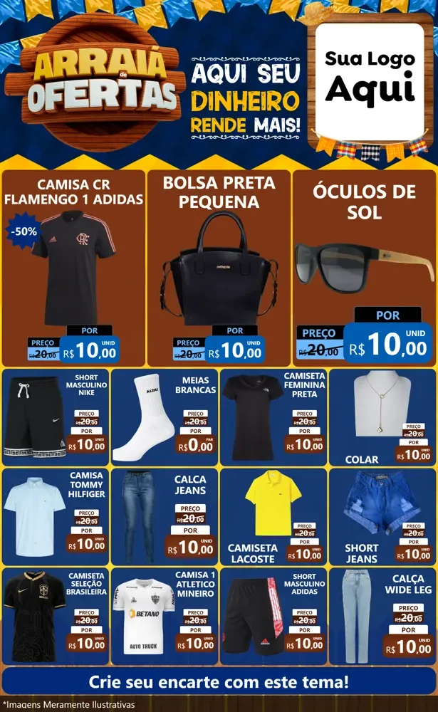 Modelo de Encarte para Encarte Grande com o tema Arraiá de Ofertas - Junina para Roupas e acessórios