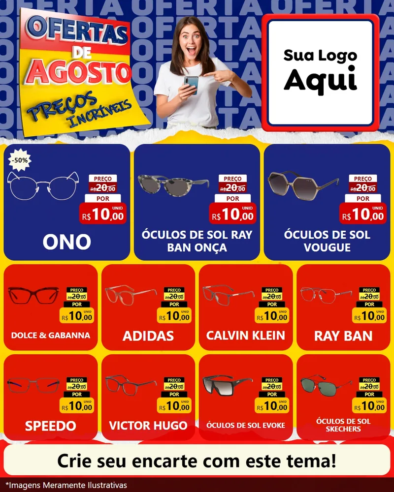 Modelo de Rede Social para Feed Instagram com o tema Ofertas de Agosto - Preços Incríveis para Óticas