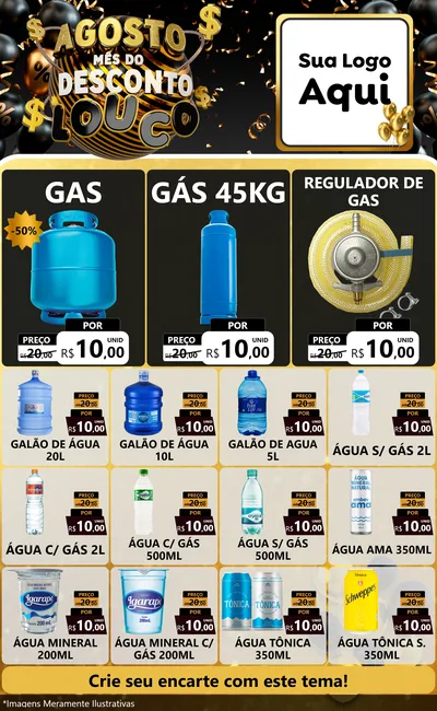 Modelo de Encarte para Encarte Grande com o tema Agosto Mês do Desconto Louco para Água e gás
