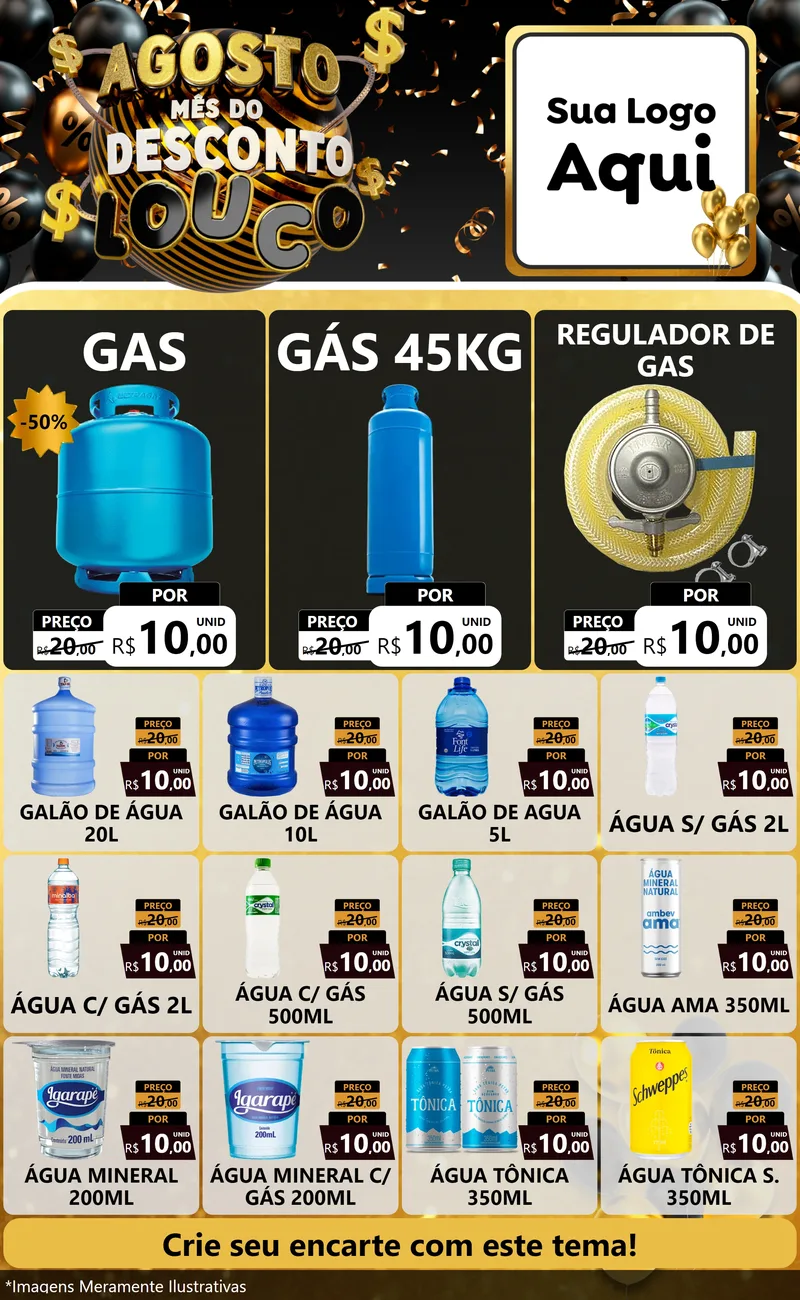 Modelo de Encarte para Encarte Grande com o tema Agosto Mês do Desconto Louco para Água e gás