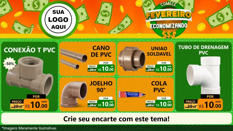 Modelo de TV para TV Horizontal com o tema Comece Fevereiro Economizando para Tubos e conexões