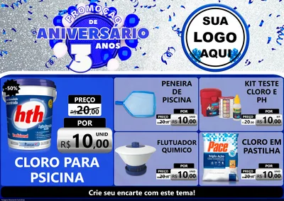 Modelo de Encarte para Encarte A4 Horizontal com o tema Promoção de Aniversário - 3 Anos para Produtos para Piscina
