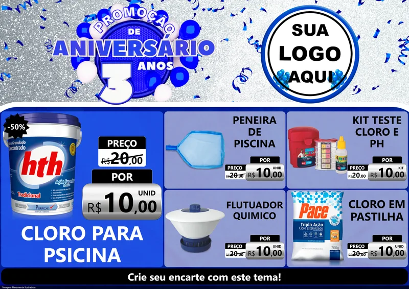 Modelo de Encarte para Encarte A4 Horizontal com o tema Promoção de Aniversário - 3 Anos para Produtos para Piscina