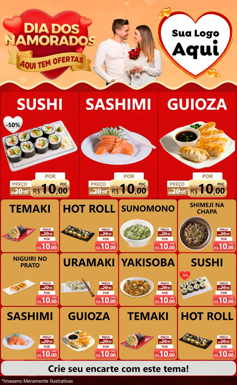 Modelo de Encarte para Encarte Grande com o tema Dia dos Namorados - Aqui Tem Ofertas para Comida japonesa